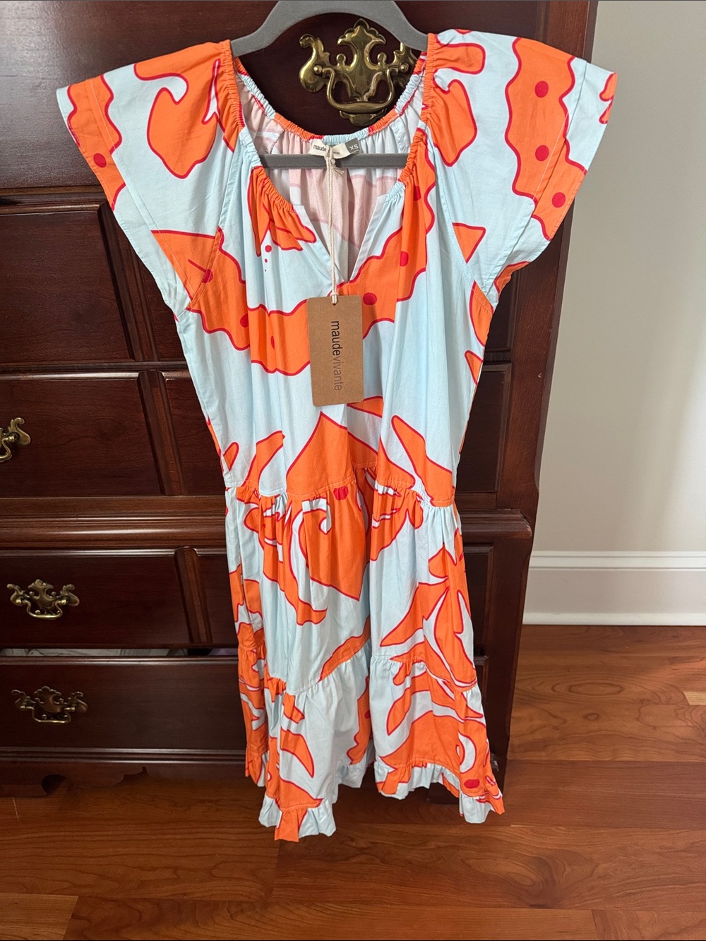Maude Wave-Print Blue and Orange Midi Dress